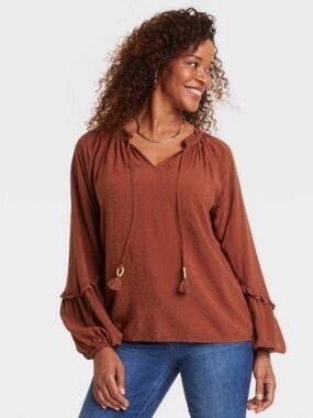 Knox Rose Balloon Long Sleeve Blouse Top Sz M  Boho Flowy Tassels Rust